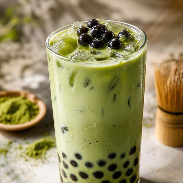 Matcha con Tapioca en primer plano